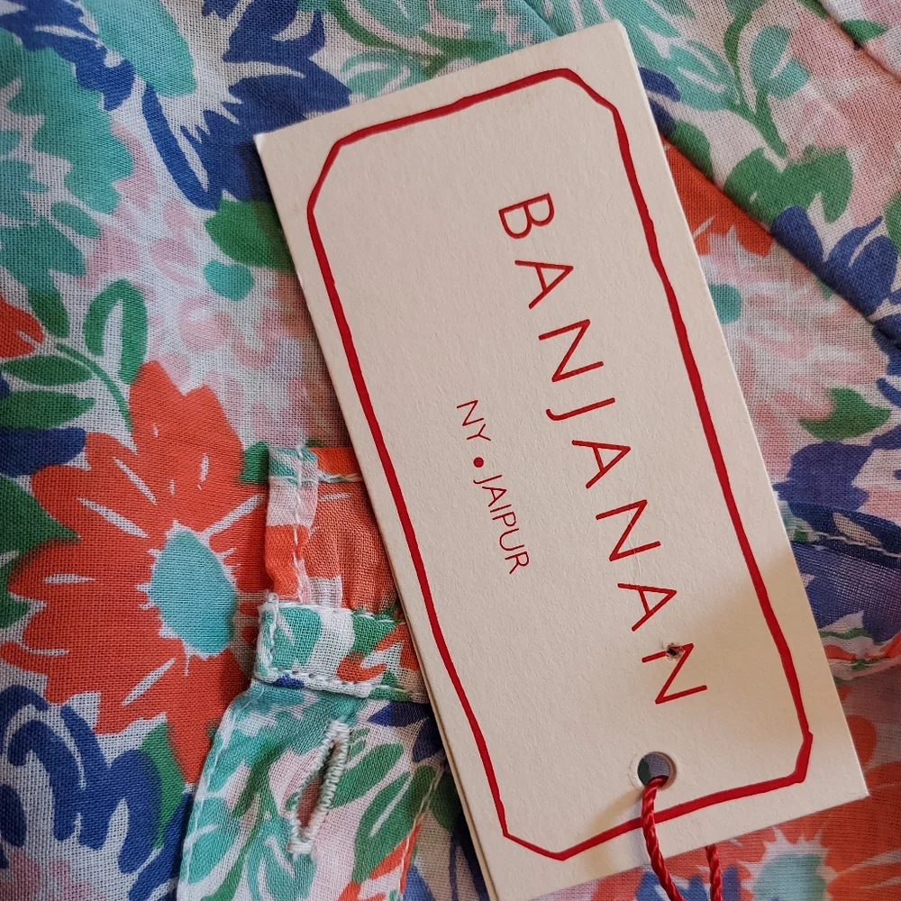 Anthropologie Banjanan Tammy Top Floral Short Puff Sleeve Blouse Large NEW NWT